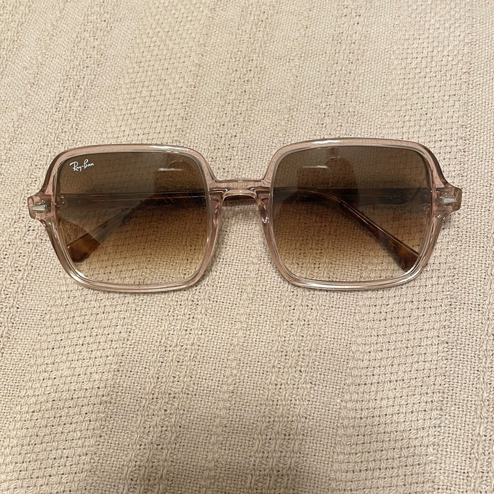 Ray-Ban Translucent Pink Square Sunglasses with Brown Gradient Lenses